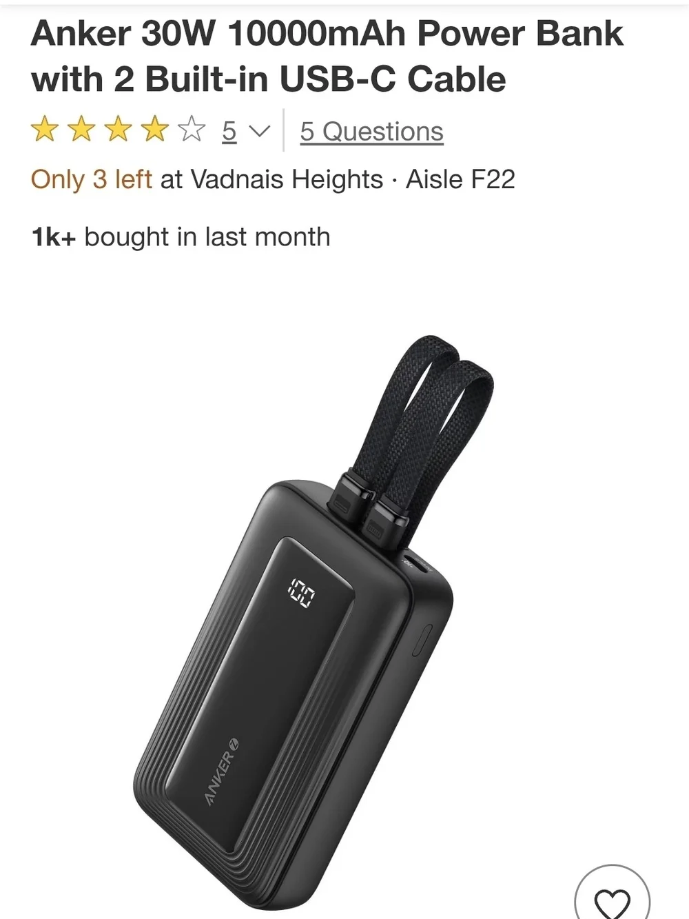 Anker Portable Power Bank with Dual Built-In Cables — Black